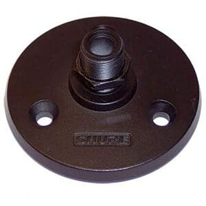 Round microphone stand base with threaded mount.