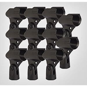 Black microphone clips arranged in rows.