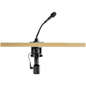 Gooseneck microphone mounted on wooden surface.