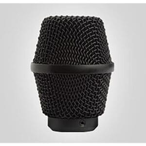 Black microphone grille on white background.