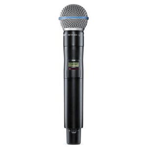 Black wireless microphone with metal grille.