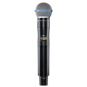 Wireless microphone with mesh grille and black handle.