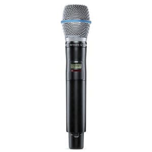 Black handheld microphone with silver mesh grille.