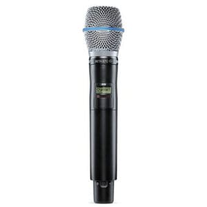 Black and silver handheld wireless microphone.