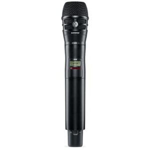 Black wireless handheld microphone, front view.