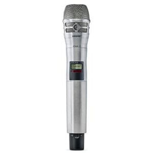 Silver wireless microphone with digital display.