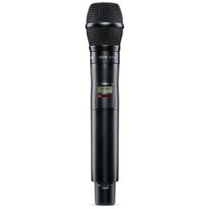 Black wireless microphone with digital display.