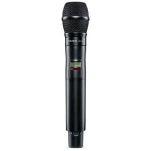 Black wireless microphone on white background.