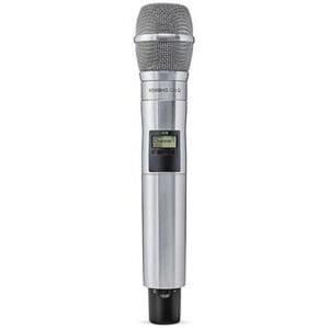 Silver wireless microphone with digital display.