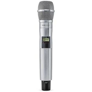 Silver wireless microphone with display screen.