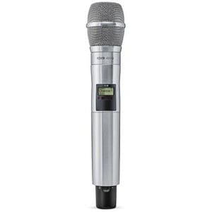 Silver wireless microphone with digital display.