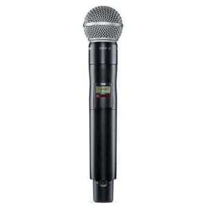 Wireless handheld microphone with metal grille.