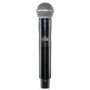 Wireless handheld microphone, black and silver design.