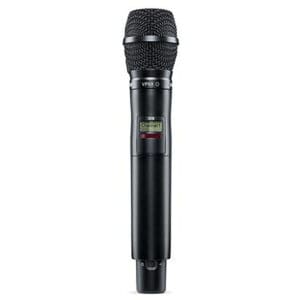 Black wireless handheld microphone on white background.