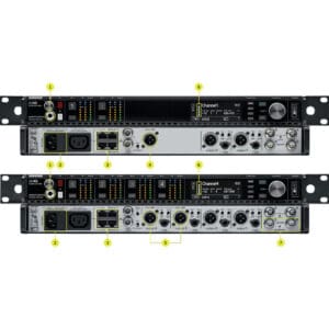 Audio equipment with various input and output ports.