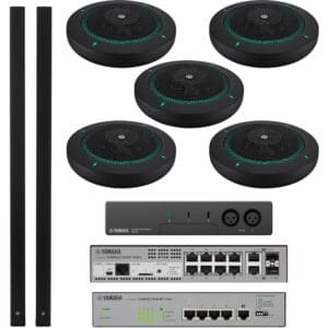 Yamaha audio equipment with microphones and switchers.