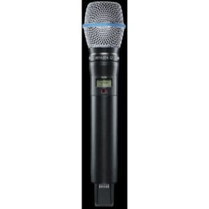 Wireless handheld microphone with digital display.