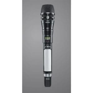 Black wireless handheld microphone on gray background.