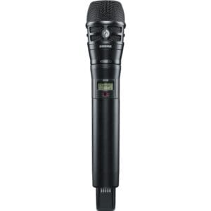 Black handheld wireless microphone with digital display.