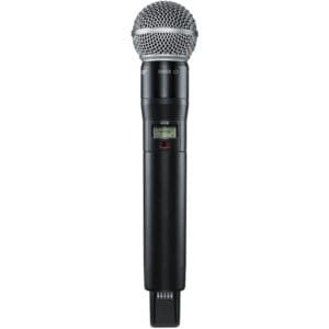 Wireless handheld microphone with display screen.