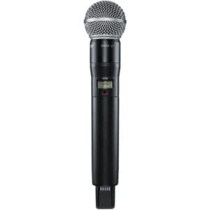 Black wireless handheld microphone with display screen.