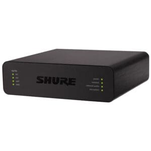 Black Shure audio interface with indicator lights.
