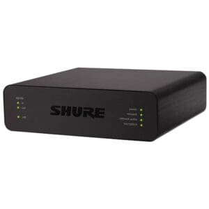 Black Shure audio network interface device.