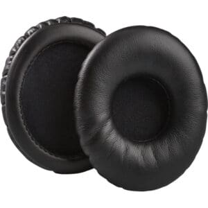Black headphone ear pads on white background.