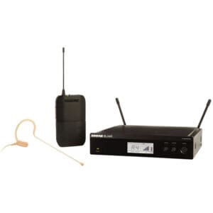 Wireless microphone system with headset and receiver.