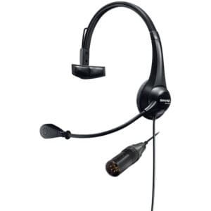 Black headset with microphone and cable connector.