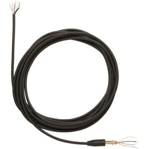 Coiled black cable with exposed wires.