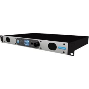 Rack-mounted audio amplifier with digital display.