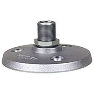 Metal flange with threaded pipe attachment.