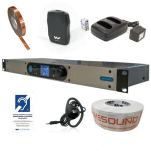 Hearing assistance system components and accessories displayed.