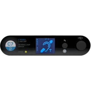 Hearing loop driver with digital display panel.