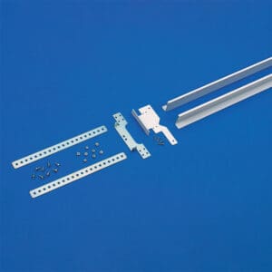 Metal assembly parts on blue background.