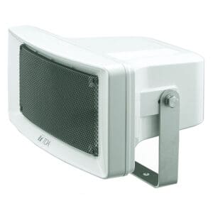 White outdoor speaker with metal bracket.
