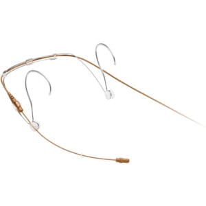 Brown headset microphone with dual ear hooks.