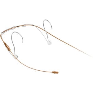 Brown headset microphone with wire and earpieces.
