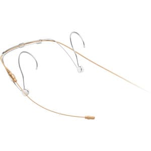 Beige headset microphone with ear hooks.