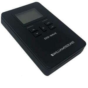 Black portable audio device with digital display.