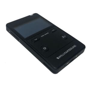 Black portable audio device with control buttons.