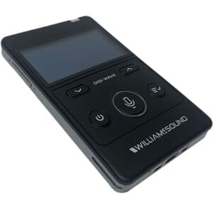 Black portable audio device with screen.
