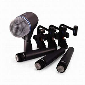 Microphone set with stands and accessories.