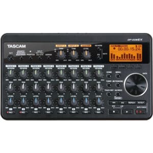TASCAM audio recorder with control dials.