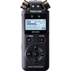 Tascam DR-05X audio recorder front view.