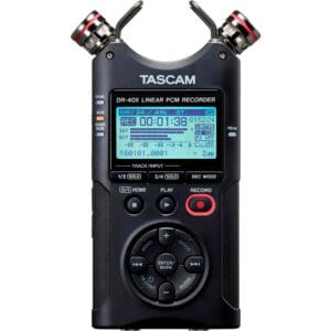 TASCAM audio recorder with digital display.