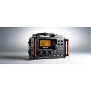 Portable TASCAM audio recorder on gray background.