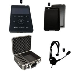 Audio equipment set with case and headset.