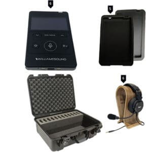Audio equipment set with case and headset.